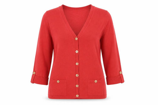 Front view of Marks & Spencer Women Red V-Neck 3/4 Sleeve Button Cardigan, size 10