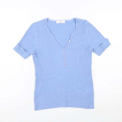 Marks and Spencer Women’s Blue Short Sleeve Henley Ribbed Knit Jumper Size 10