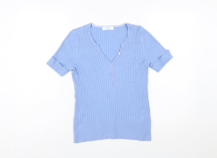 Marks and Spencer Women’s Blue Short Sleeve Henley Ribbed Knit Jumper Size 10