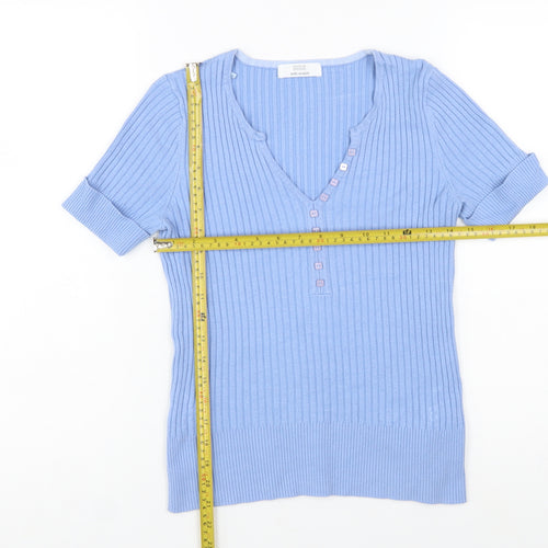 Marks and Spencer Women’s Blue Short Sleeve Henley Ribbed Knit Jumper Size 10