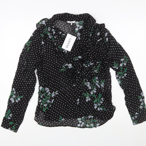 Ganni Women’s Black Floral Polka Dot Wrap Blouse Size 8