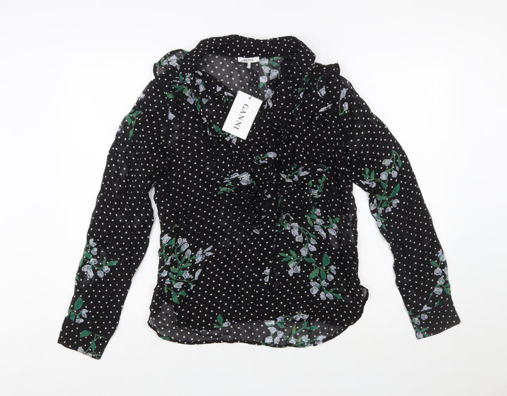 Ganni Women’s Black Floral Polka Dot Wrap Blouse Size 8