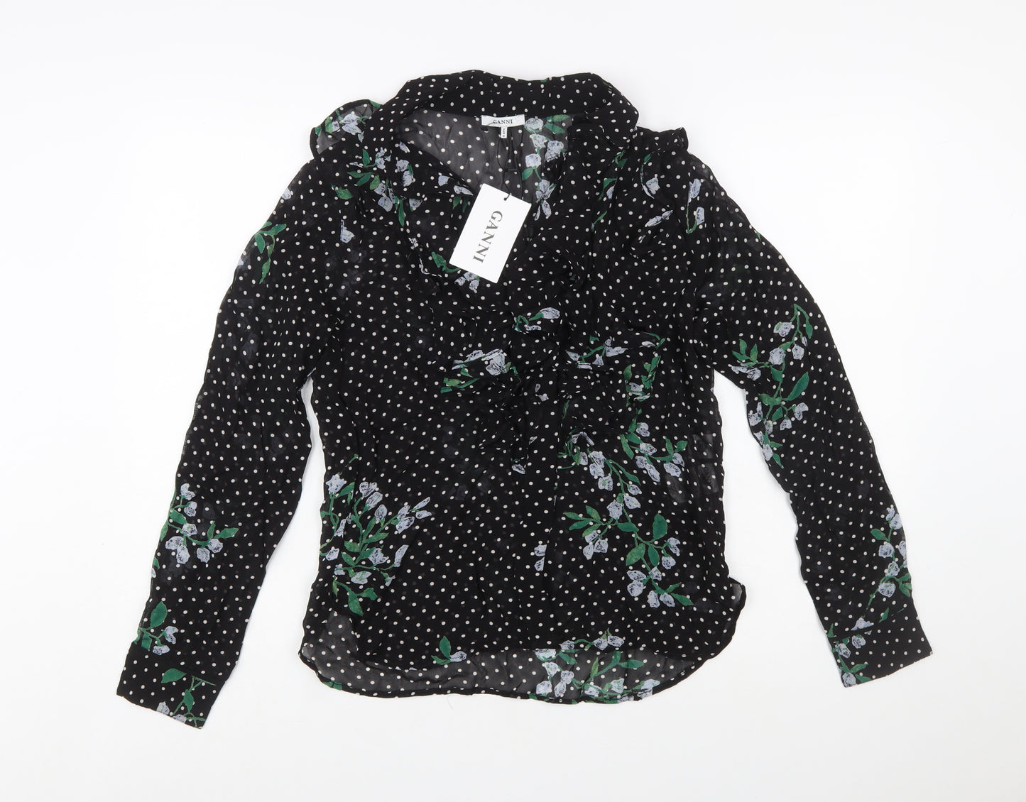Ganni Women’s Black Floral Polka Dot Wrap Blouse Size 8