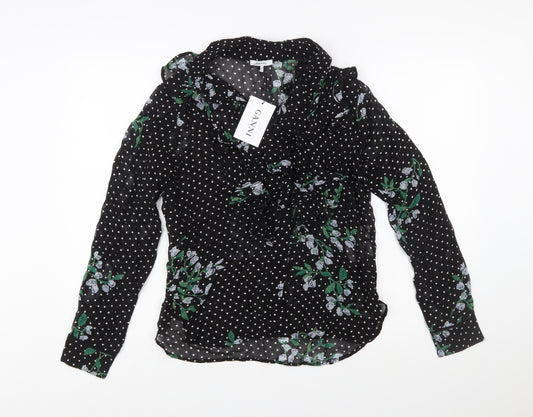 Ganni Women’s Black Floral Polka Dot Wrap Blouse Size 8