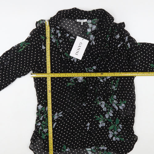 Ganni Women’s Black Floral Polka Dot Wrap Blouse Size 8