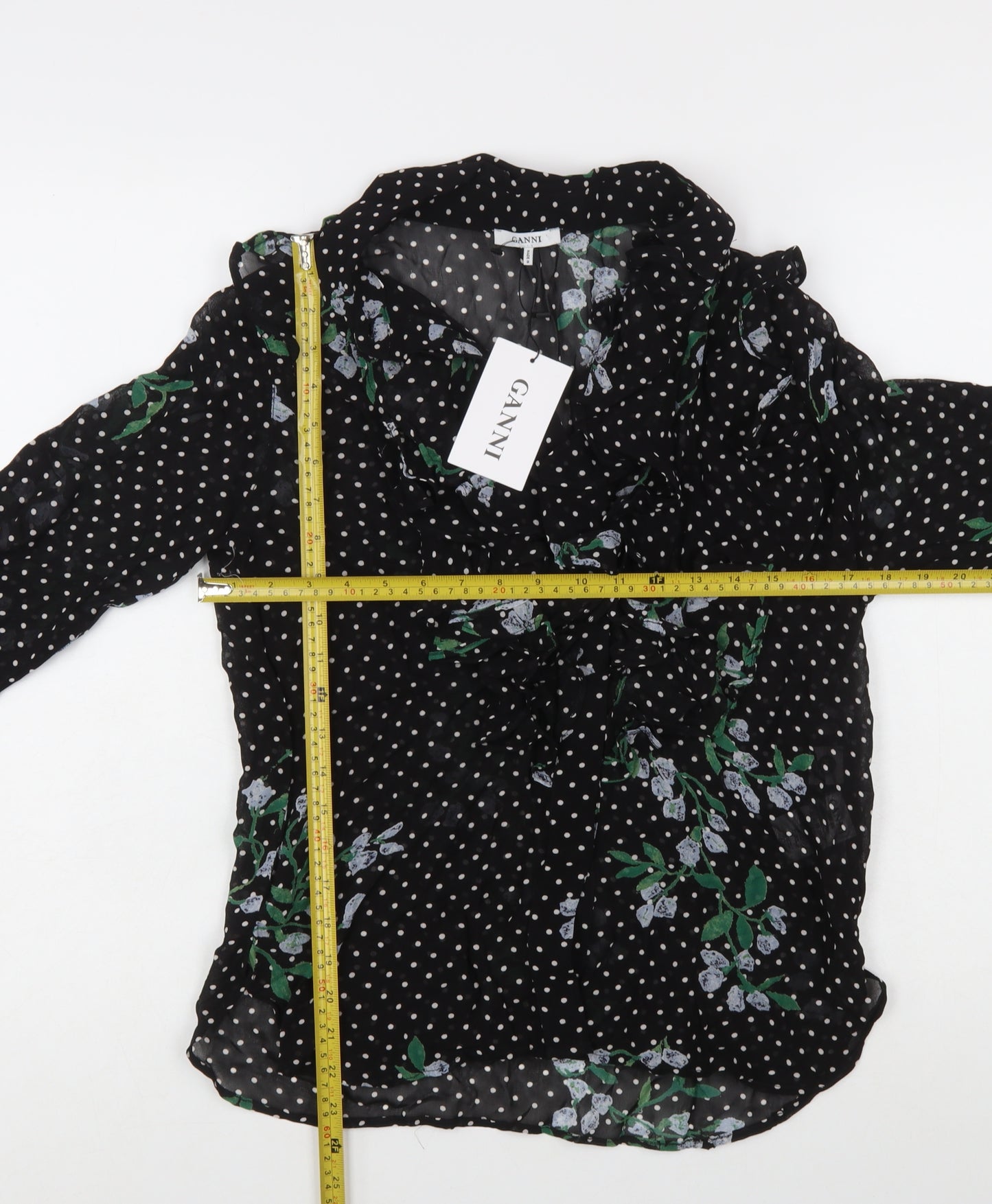 Ganni Women’s Black Floral Polka Dot Wrap Blouse Size 8