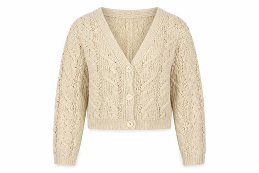Front view of ASOS Design Women's Beige Cable-Knit V-Neck Cardigan UK 8