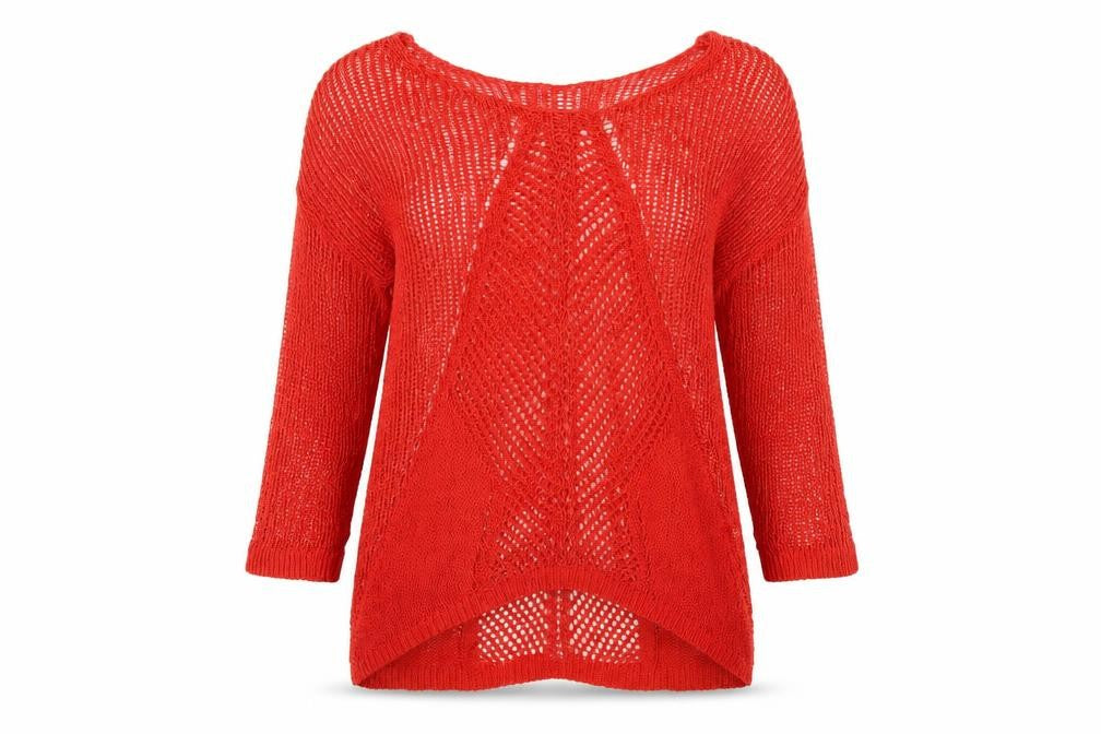 Front view of Next Women’s Red Open-Knit jumper, size UK 10