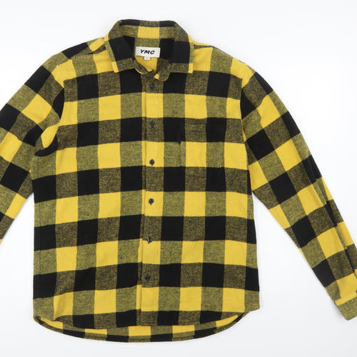 YMC Men's Yellow Black Check Flannel Button-Up Shirt Size M Long Sleeve