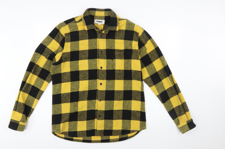 YMC Men's Yellow Black Check Flannel Button-Up Shirt Size M Long Sleeve