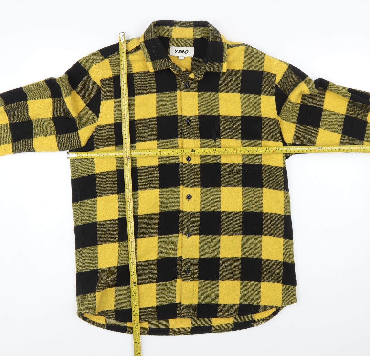 YMC Men's Yellow Black Check Flannel Button-Up Shirt Size M Long Sleeve