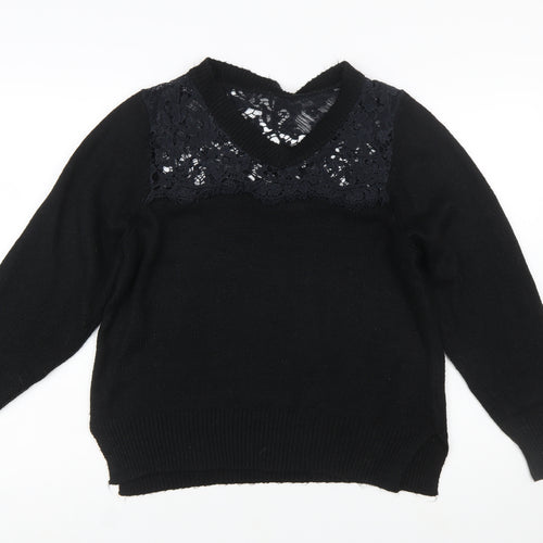 Cotton Traders Womens Black Size 16 Lace V-Neck Knit Jumper