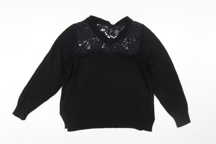 Cotton Traders Womens Black Size 16 Lace V-Neck Knit Jumper