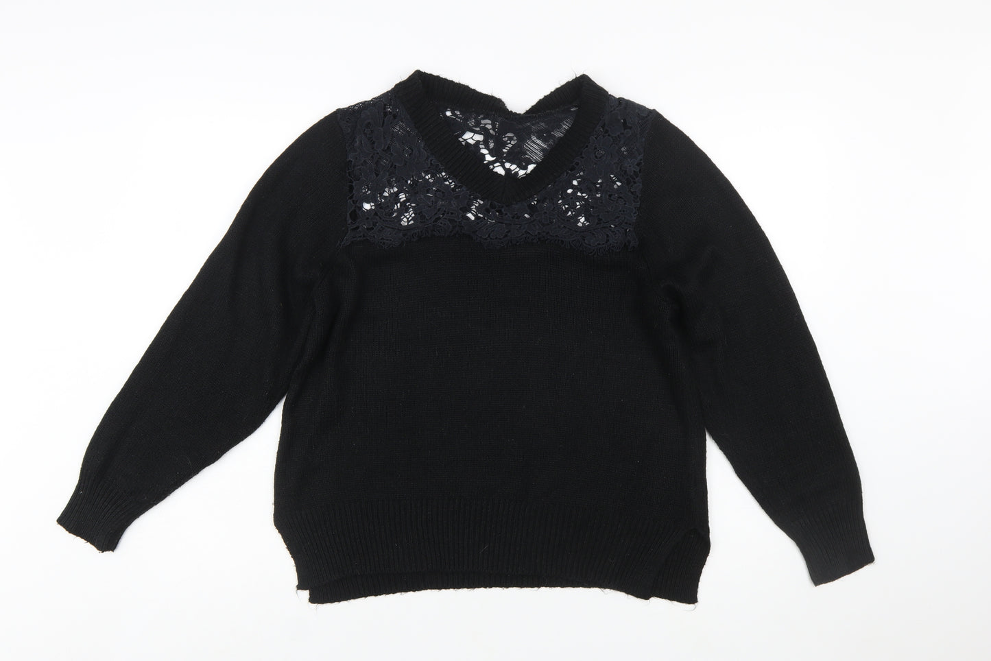 Cotton Traders Womens Black Size 16 Lace V-Neck Knit Jumper