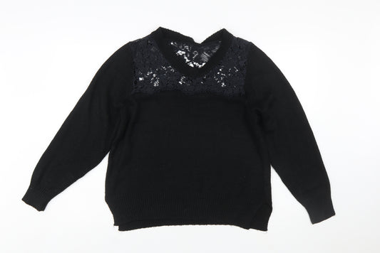 Cotton Traders Womens Black Size 16 Lace V-Neck Knit Jumper