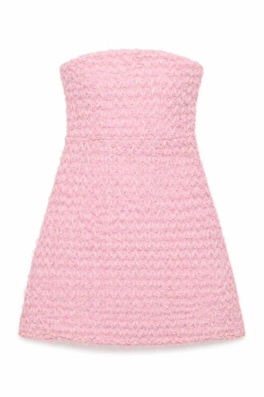 Front view of Quiz Women’s Pink Strapless A-Line Textured Party Dress, size UK 10
