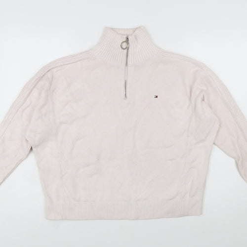 Tommy Hilfiger Women Ivory 1/4 Zip High Neck Cotton Jumper S