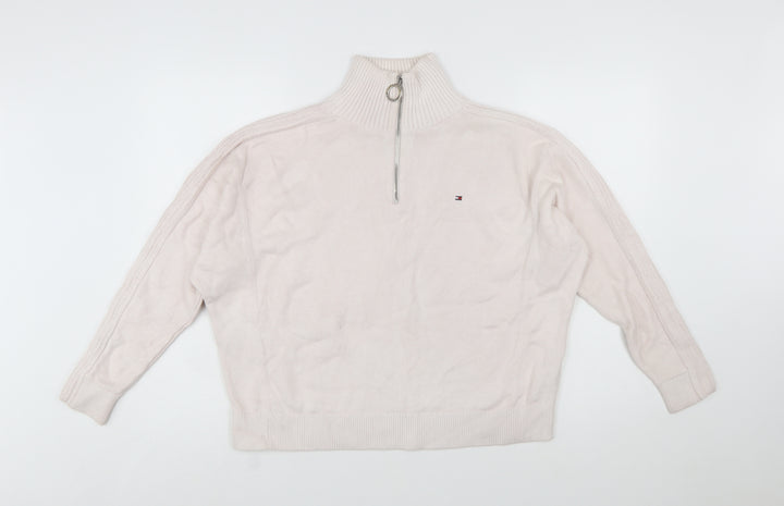 Tommy Hilfiger Women Ivory 1/4 Zip High Neck Cotton Jumper S