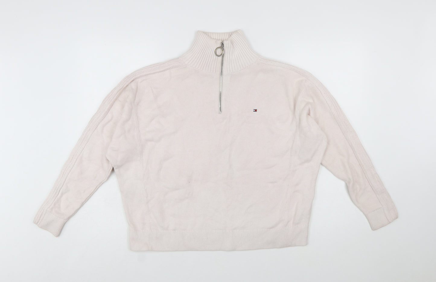 Tommy Hilfiger Women Ivory 1/4 Zip High Neck Cotton Jumper S