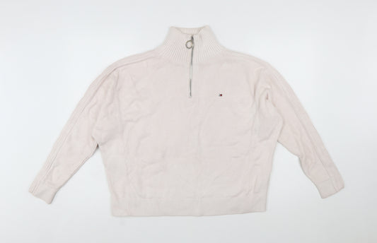 Tommy Hilfiger Women Ivory 1/4 Zip High Neck Cotton Jumper S