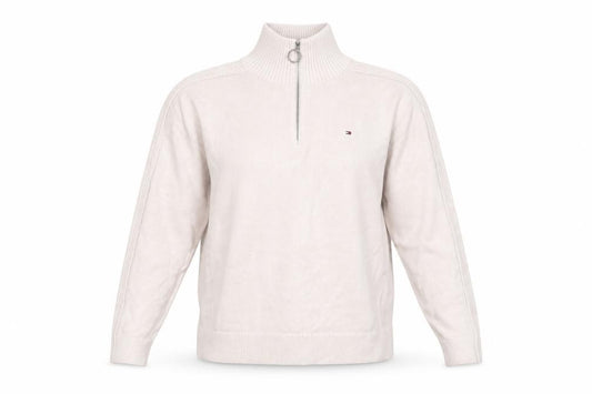 Front view of Tommy Hilfiger Women Ivory 1/4 Zip High Neck Cotton Jumper S