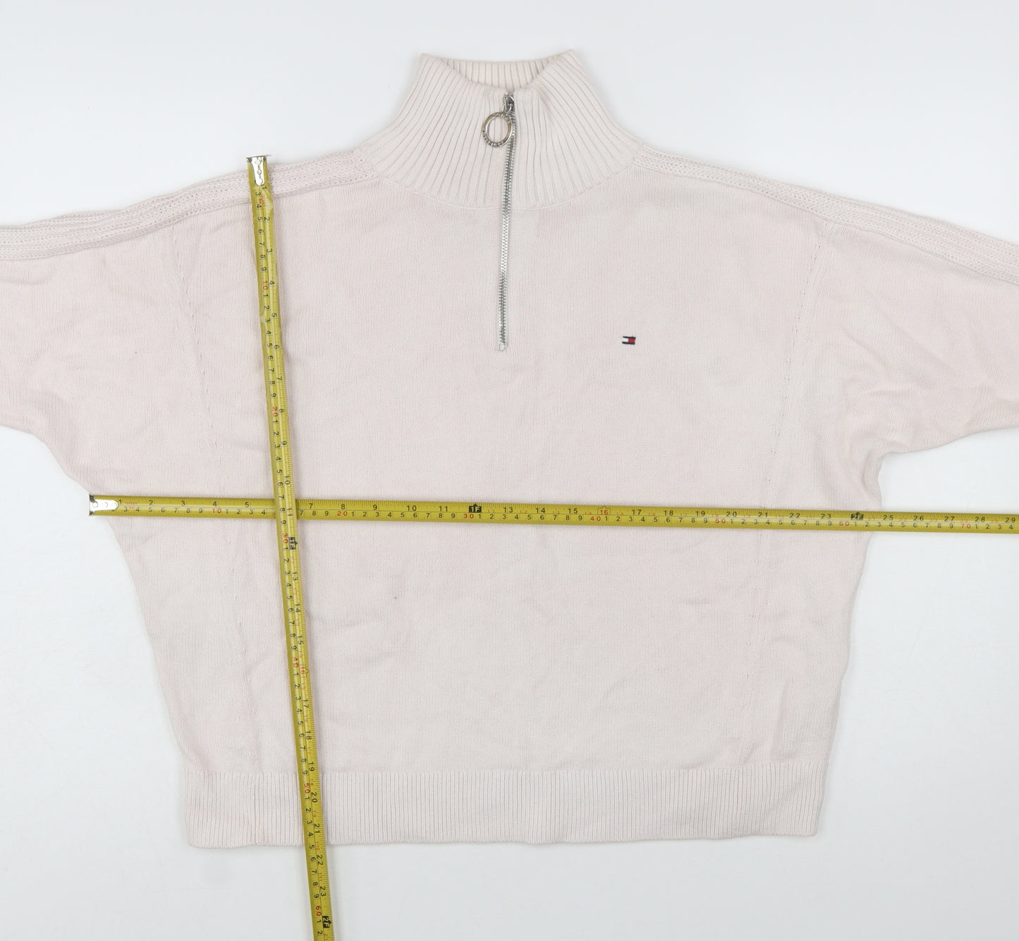 Tommy Hilfiger Women Ivory 1/4 Zip High Neck Cotton Jumper S