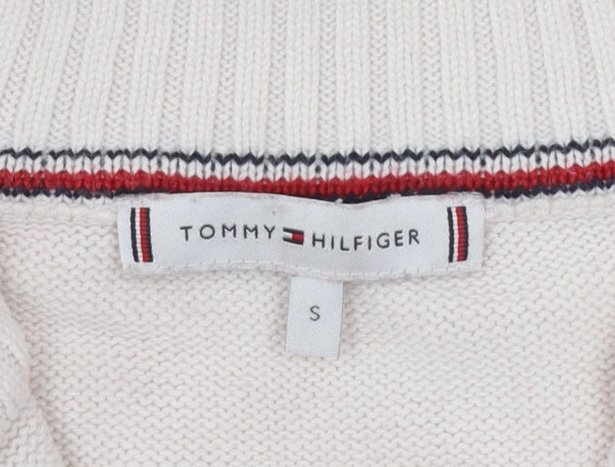 Tommy Hilfiger Women Ivory 1/4 Zip High Neck Cotton Jumper S