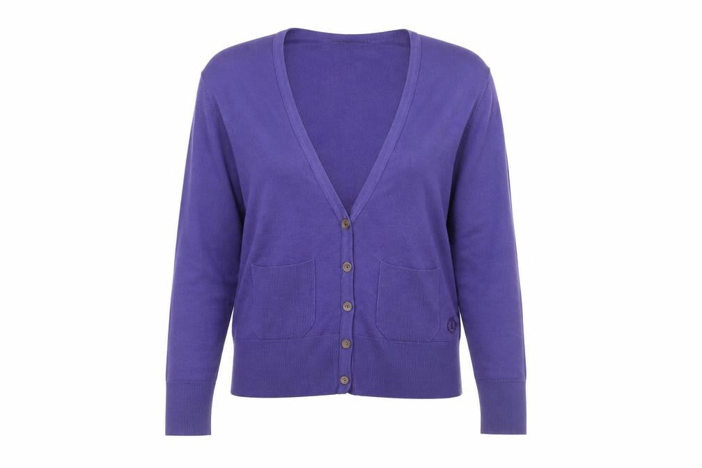 Front view of Henri Lloyd Women's Purple Wool V-Neck Cardigan, size 6