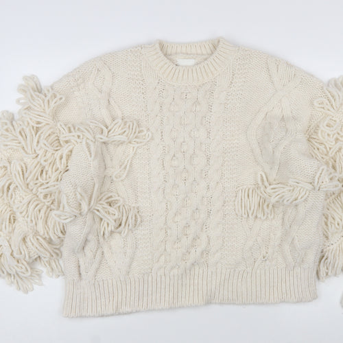 H&M Women’s Ivory Chunky-Knit Fringe Wool Blend Jumper Size 12