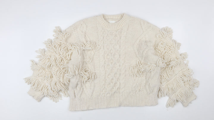 H&M Women’s Ivory Chunky-Knit Fringe Wool Blend Jumper Size 12