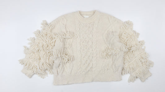 H&M Women’s Ivory Chunky-Knit Fringe Wool Blend Jumper Size 12