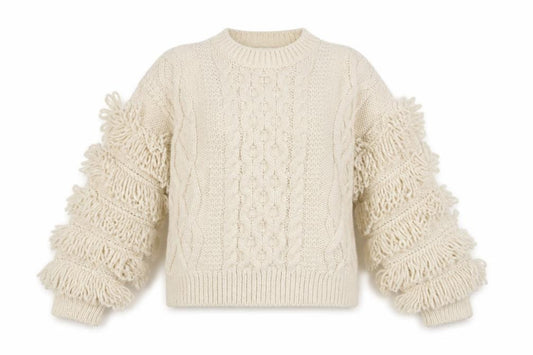 Front view of H&M Women’s Ivory Chunky-Knit Fringe Wool Blend Jumper, size UK 12