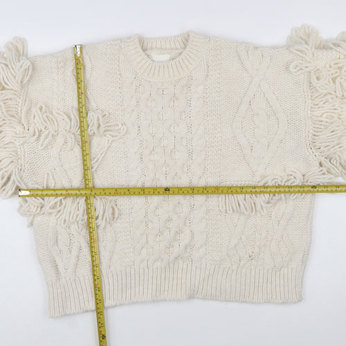 H&M Women’s Ivory Chunky-Knit Fringe Wool Blend Jumper Size 12