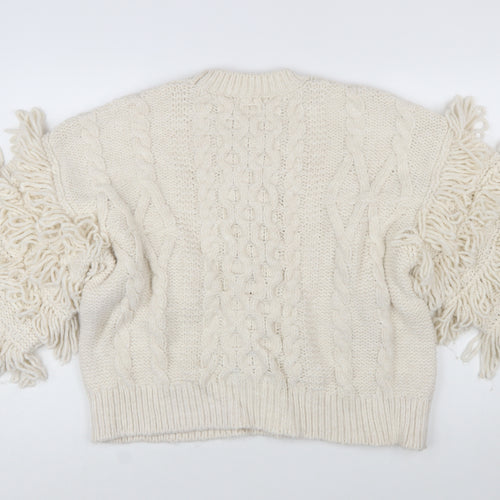 H&M Women’s Ivory Chunky-Knit Fringe Wool Blend Jumper Size 12