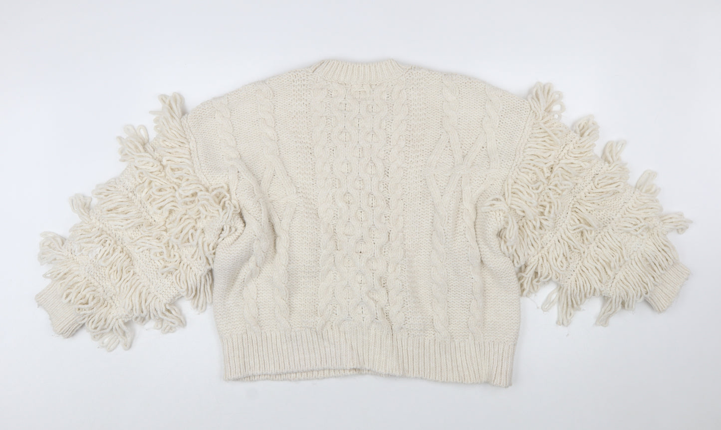 H&M Women’s Ivory Chunky-Knit Fringe Wool Blend Jumper Size 12