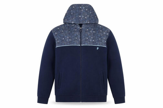 Front view of Pierre Cardin men’s blue full zip hoodie l geometric sport style