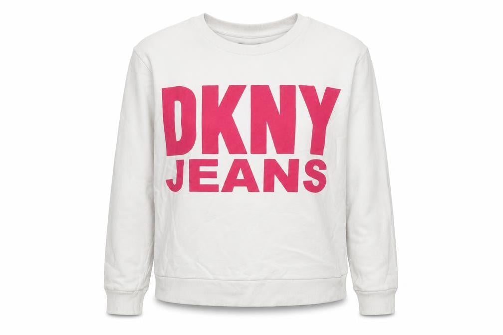 Front view of DKNY Jeans women’s white sweatshirt medium crew neck pullover