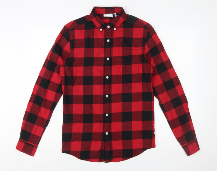 ASOS DESIGN Men's Red Check Button-Down Flannel Shirt XS