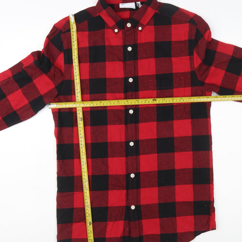 ASOS DESIGN Men's Red Check Button-Down Flannel Shirt XS