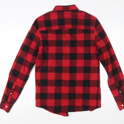 ASOS DESIGN Men's Red Check Button-Down Flannel Shirt XS