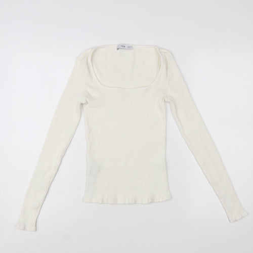 MNG Women Ivory Long Sleeve Square Neck Slim Fit Top M
