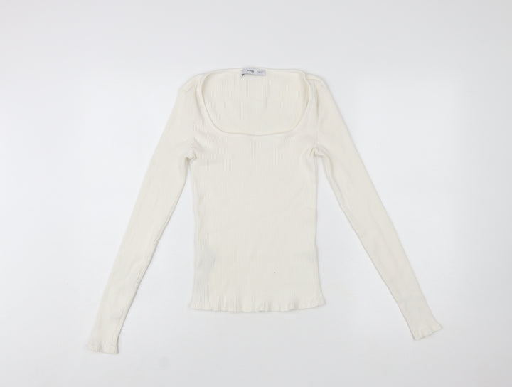 MNG Women Ivory Long Sleeve Square Neck Slim Fit Top M