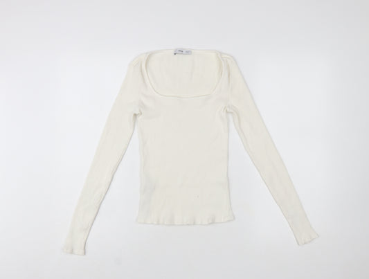 MNG Women Ivory Long Sleeve Square Neck Slim Fit Top M