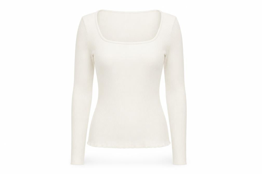 MNG Women Ivory Long Sleeve Square Neck Slim Fit Top M