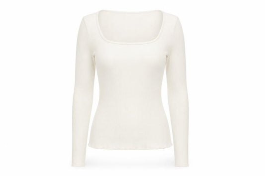 Front view of Mango Women Ivory Long Sleeve Square Neck Slim Fit Top M