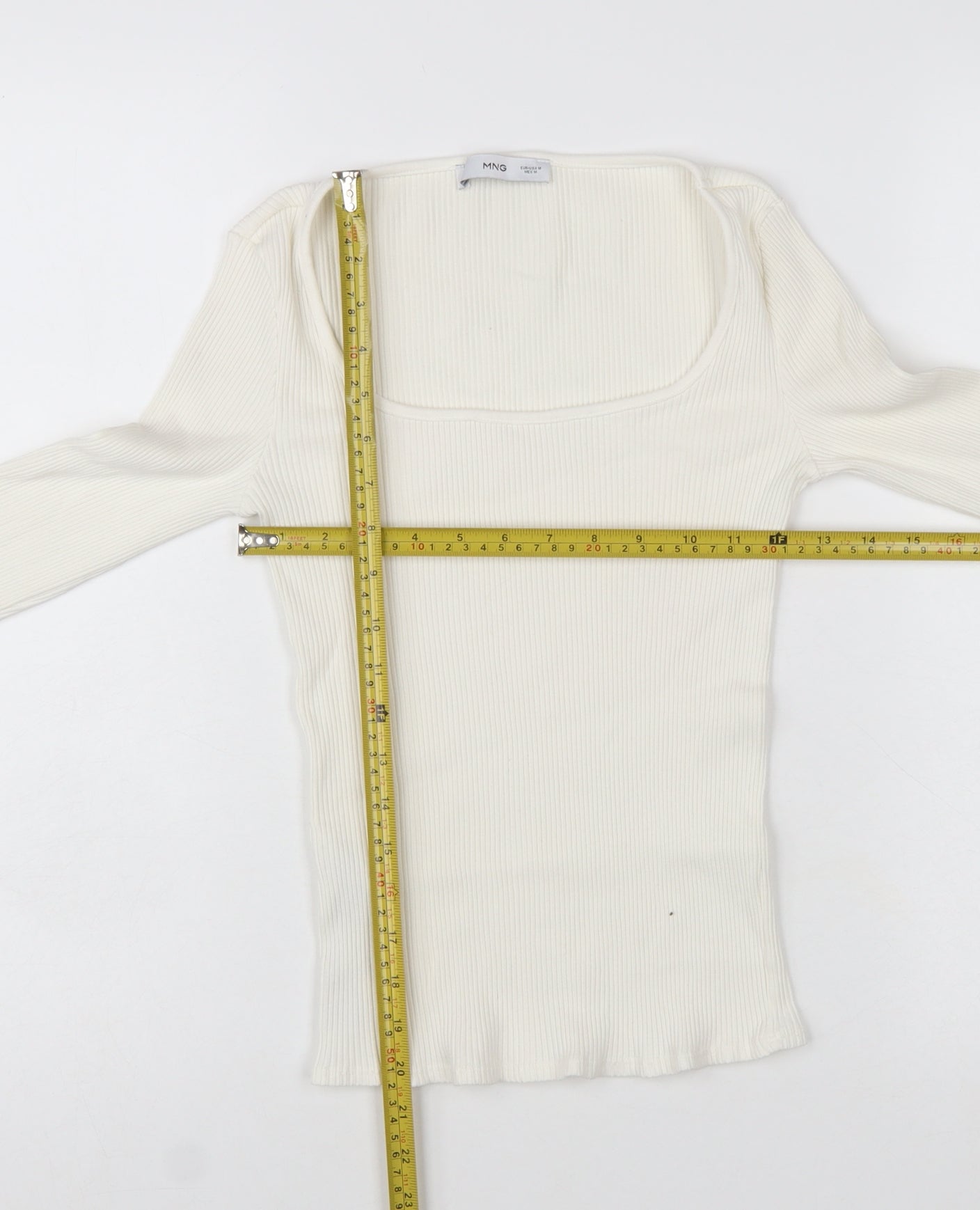 MNG Women Ivory Long Sleeve Square Neck Slim Fit Top M