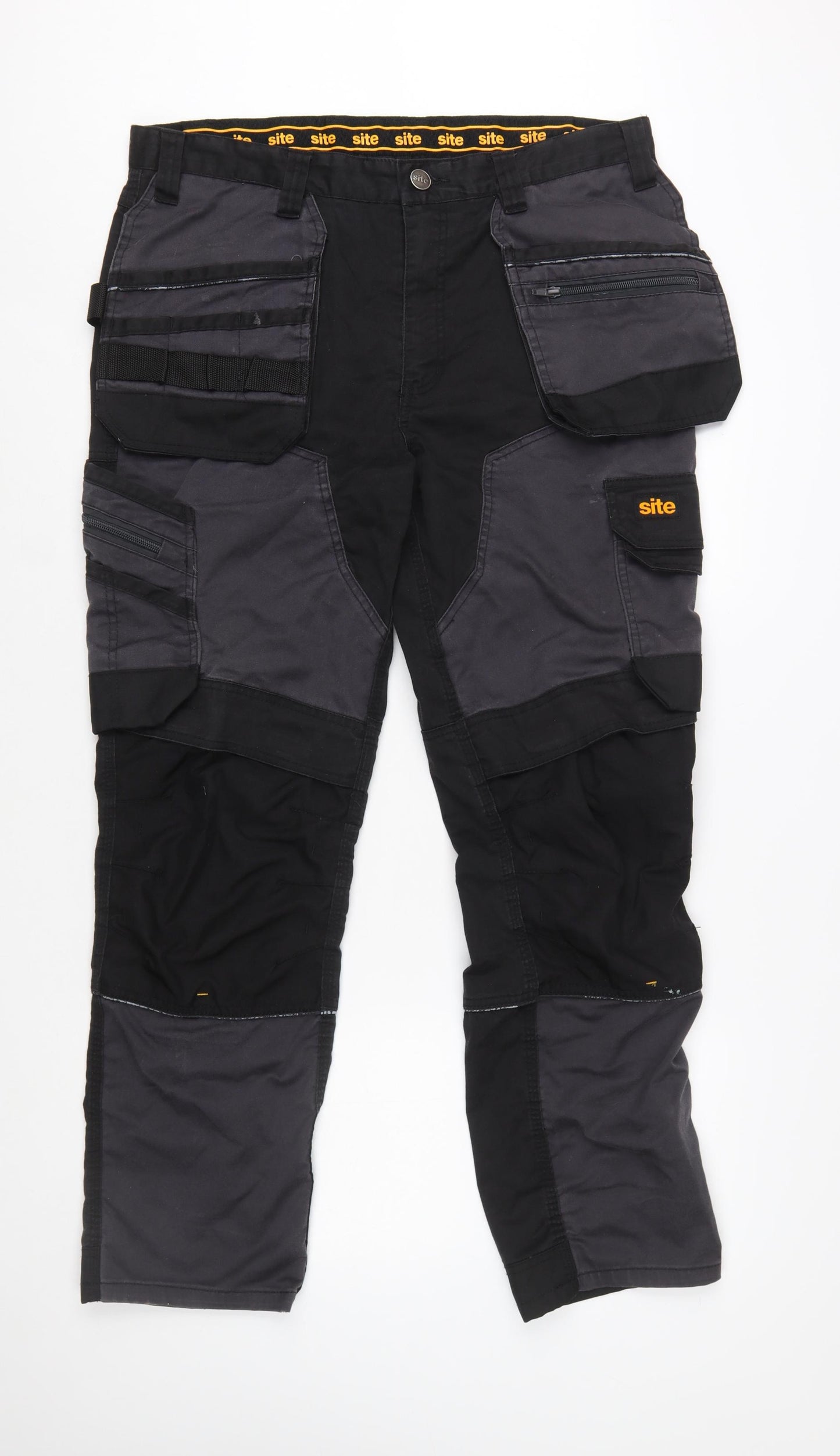 Site Men's Black Cargo Workwear Trousers Size 36W 32L Durable Cotton Blend