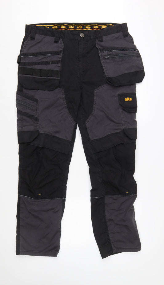 Site Men's Black Cargo Workwear Trousers Size 36W 32L Durable Cotton Blend