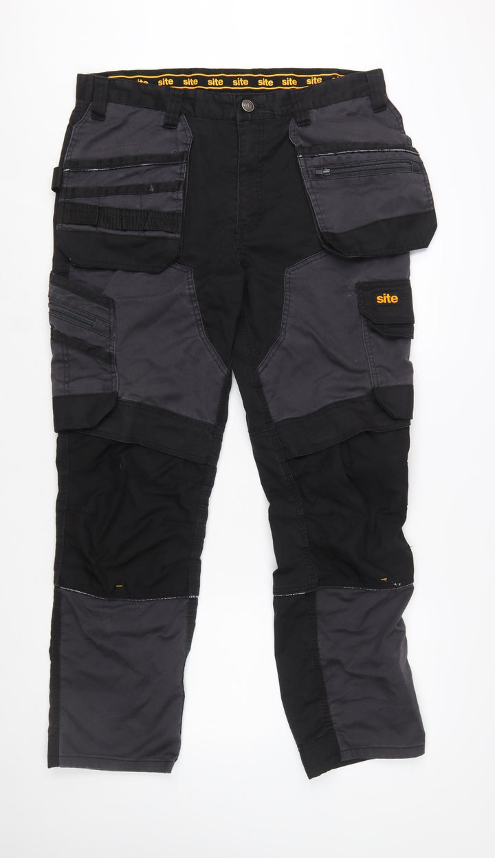 Site Men's Black Cargo Workwear Trousers Size 36W 32L Durable Cotton Blend
