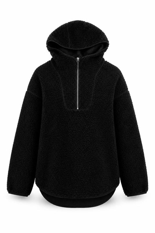 Front view of H&M Women’s Black Fleece Half Zip Hoodie, size UK 12, Polyester Warm